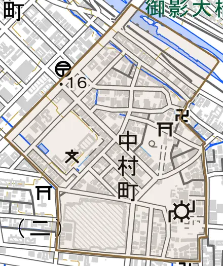 中村町とその周辺の地図。町の範囲を重ねている