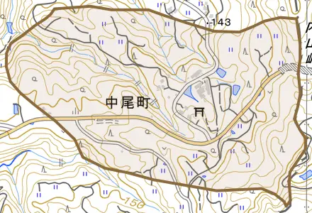 中尾町とその周辺の地図。町の範囲を重ねている