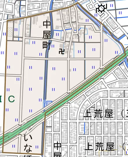中屋町とその周辺の地図。町の範囲を重ねている