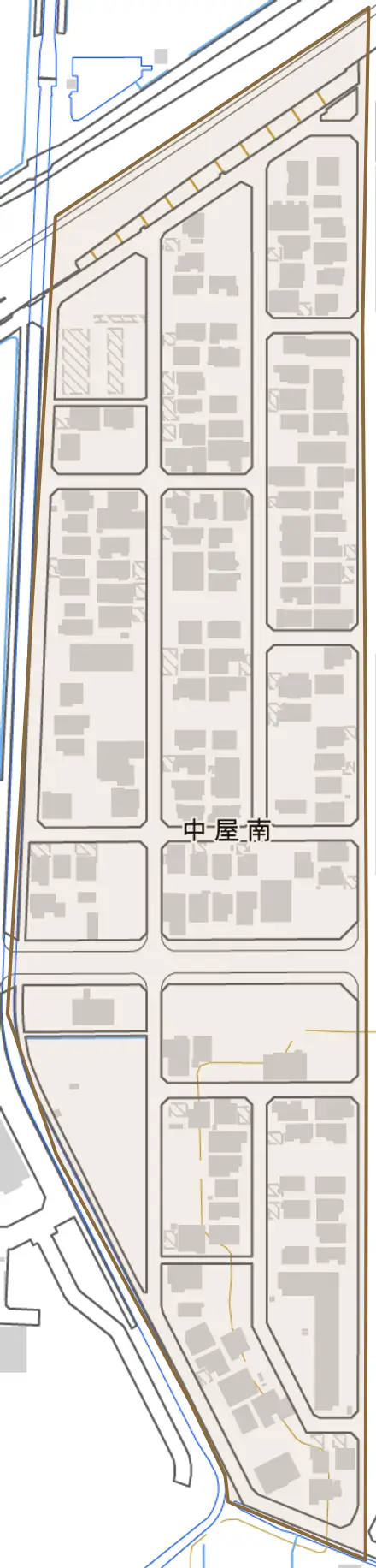中屋南とその周辺の地図。町の範囲を重ねている
