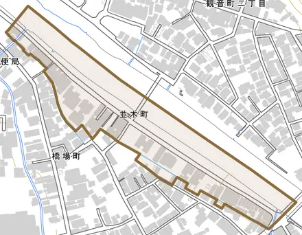 並木町とその周辺の地図。町の範囲を重ねている
