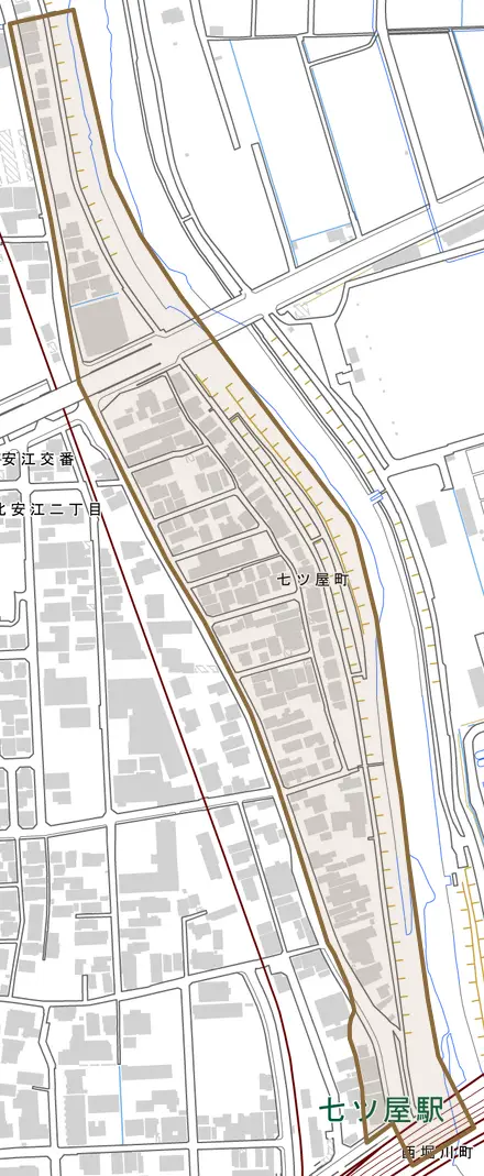 七ツ屋町とその周辺の地図。町の範囲を重ねている