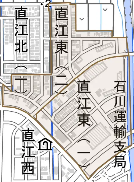 直江東とその周辺の地図。町の範囲を重ねている