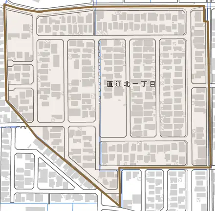 直江北とその周辺の地図。町の範囲を重ねている