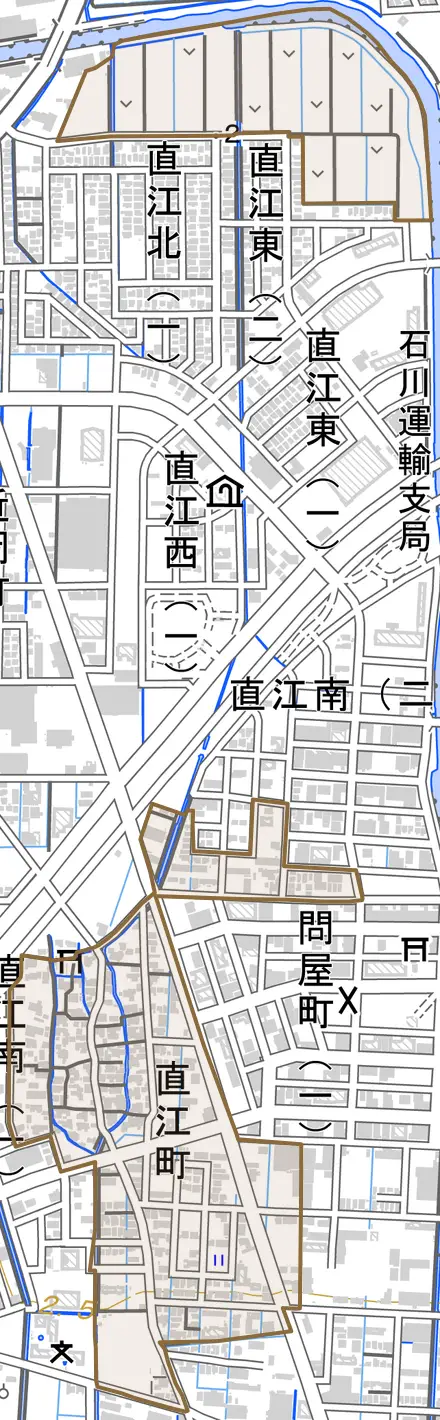 直江町とその周辺の地図。町の範囲を重ねている