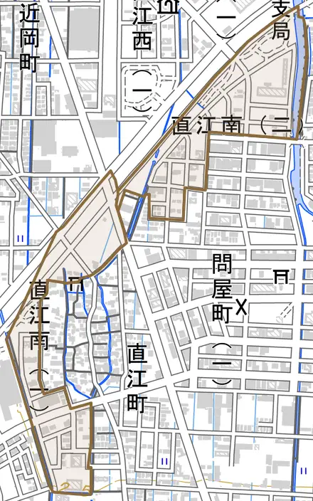 直江南とその周辺の地図。町の範囲を重ねている