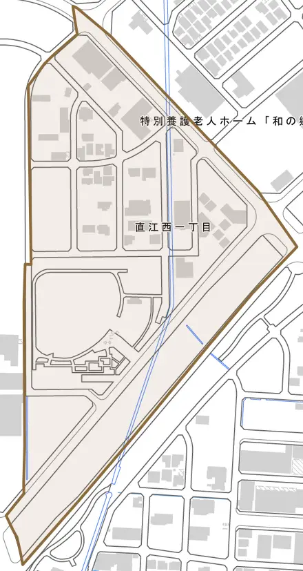 直江西とその周辺の地図。町の範囲を重ねている