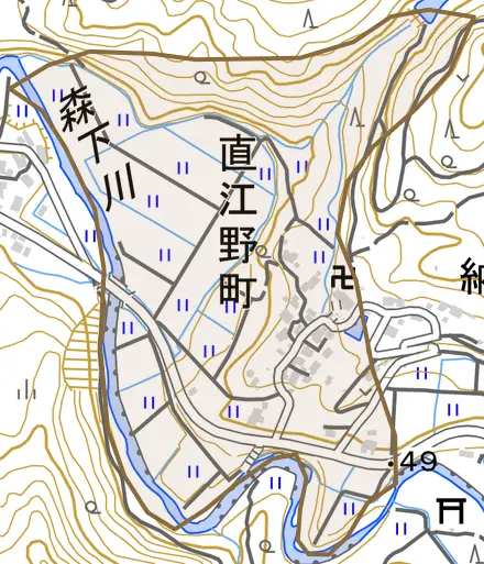 直江野町とその周辺の地図。町の範囲を重ねている