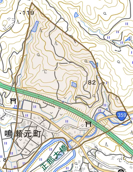 鳴瀬元町とその周辺の地図。町の範囲を重ねている