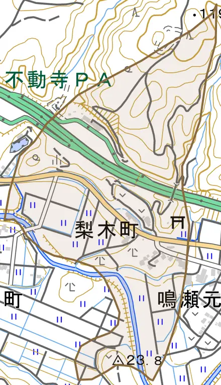 梨木町とその周辺の地図。町の範囲を重ねている