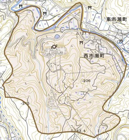 西市瀬町とその周辺の地図。町の範囲を重ねている