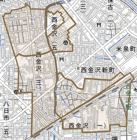 西金沢とその周辺の地図。町の範囲を重ねている