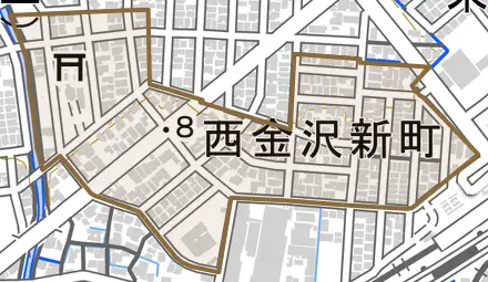 西金沢新町とその周辺の地図。町の範囲を重ねている