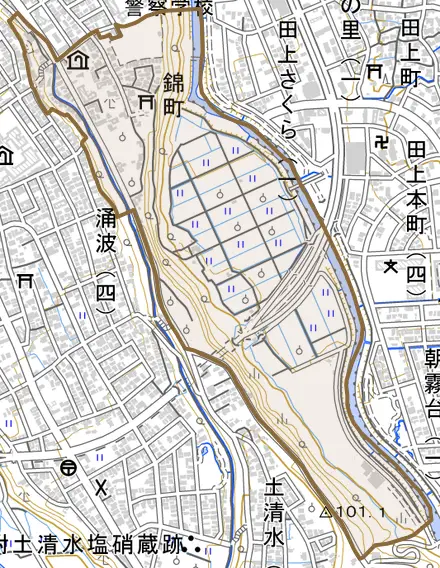 錦町とその周辺の地図。町の範囲を重ねている