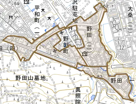 野田とその周辺の地図。町の範囲を重ねている
