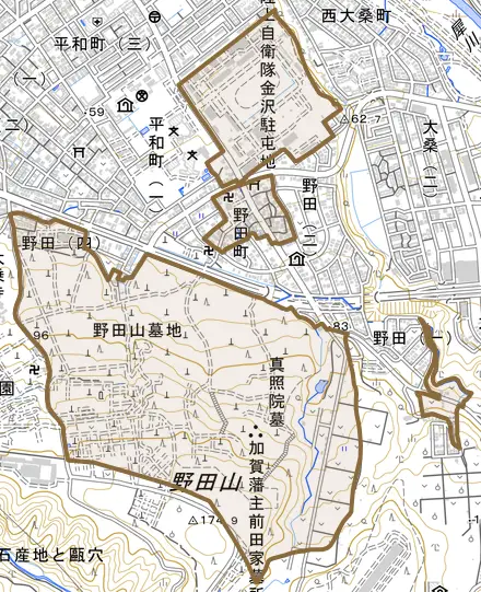 野田町とその周辺の地図。町の範囲を重ねている