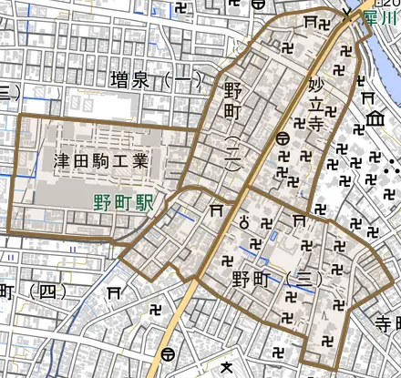 野町とその周辺の地図。町の範囲を重ねている