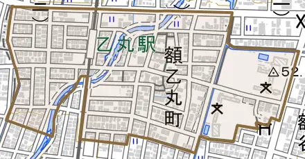 額乙丸町とその周辺の地図。町の範囲を重ねている