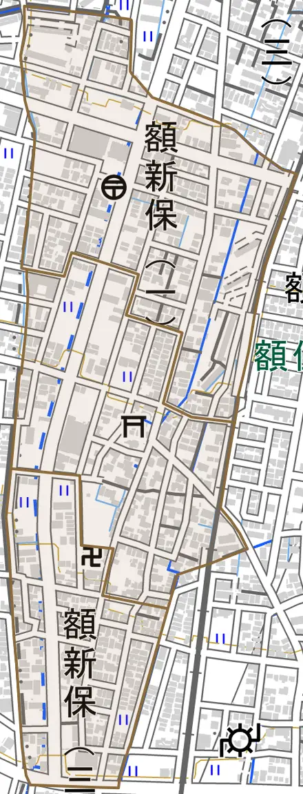 額新保とその周辺の地図。町の範囲を重ねている