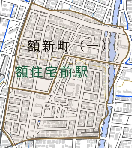 額新町とその周辺の地図。町の範囲を重ねている