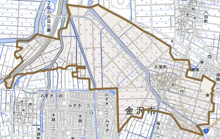 大場町とその周辺の地図。町の範囲を重ねている