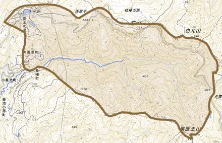 大菱池町とその周辺の地図。町の範囲を重ねている