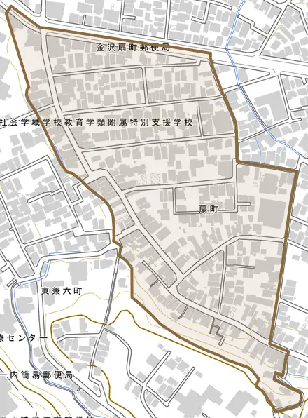 扇町とその周辺の地図。町の範囲を重ねている