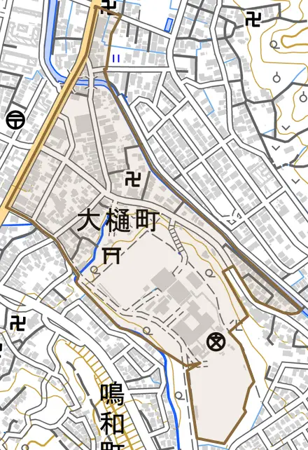 大樋町とその周辺の地図。町の範囲を重ねている