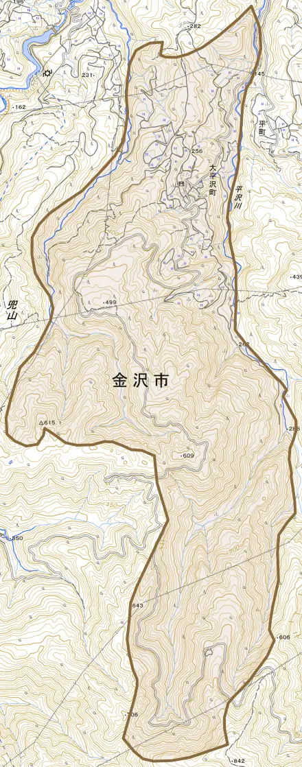 大平沢町とその周辺の地図。町の範囲を重ねている