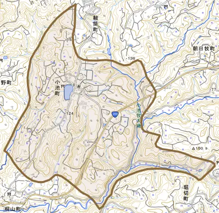小池町とその周辺の地図。町の範囲を重ねている