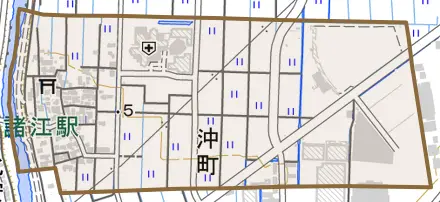 沖町とその周辺の地図。町の範囲を重ねている