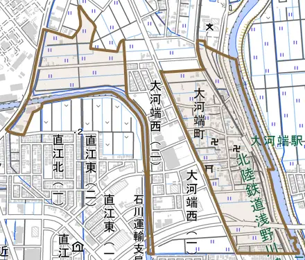 大河端町とその周辺の地図。町の範囲を重ねている