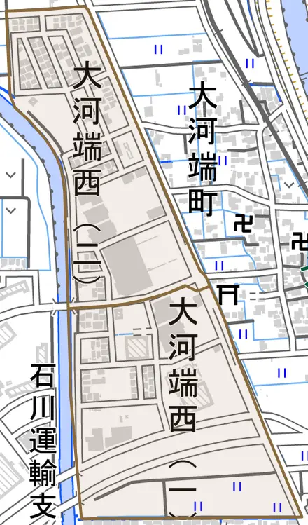 大河端西とその周辺の地図。町の範囲を重ねている