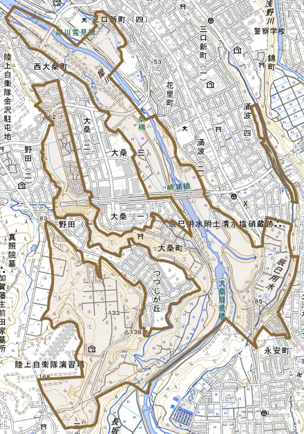 大桑町とその周辺の地図。町の範囲を重ねている