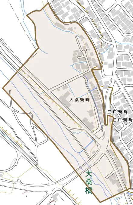 大桑新町とその周辺の地図。町の範囲を重ねている