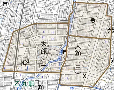 大額とその周辺の地図。町の範囲を重ねている