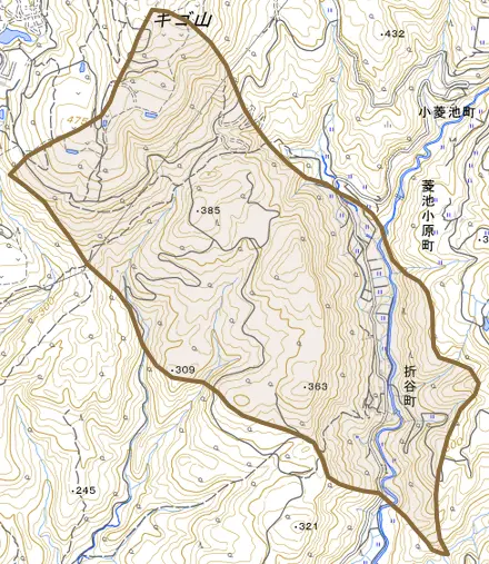 折谷町とその周辺の地図。町の範囲を重ねている