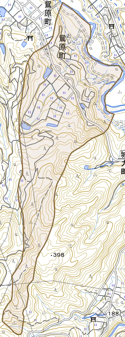 鴛原町とその周辺の地図。町の範囲を重ねている