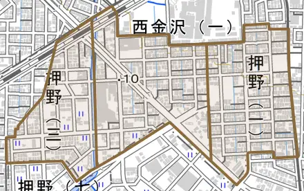 押野とその周辺の地図。町の範囲を重ねている