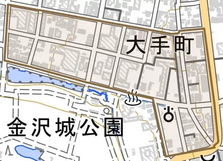 大手町とその周辺の地図。町の範囲を重ねている