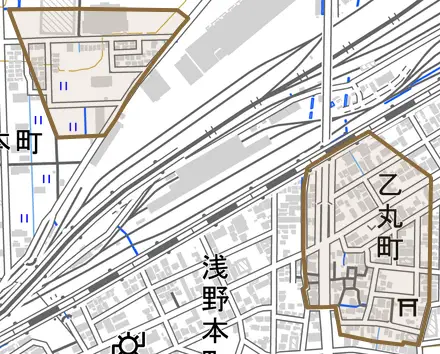 乙丸町とその周辺の地図。町の範囲を重ねている