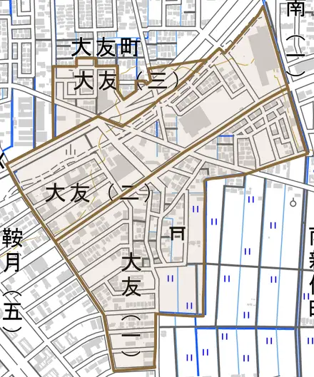 大友とその周辺の地図。町の範囲を重ねている