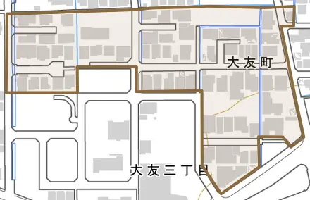 大友町とその周辺の地図。町の範囲を重ねている