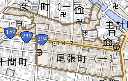 尾張町とその周辺の地図。町の範囲を重ねている