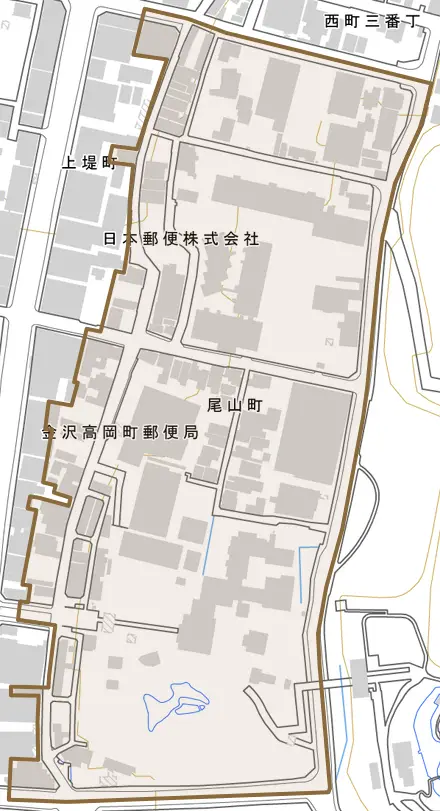 尾山町とその周辺の地図。町の範囲を重ねている