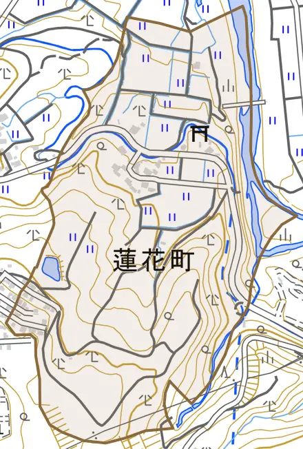 蓮花町とその周辺の地図。町の範囲を重ねている