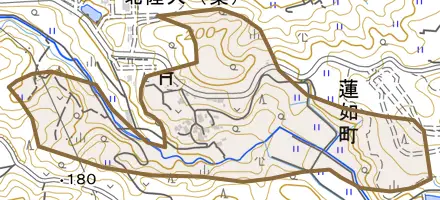 蓮如町とその周辺の地図。町の範囲を重ねている