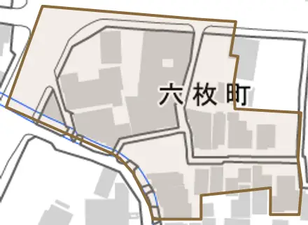 六枚町とその周辺の地図。町の範囲を重ねている
