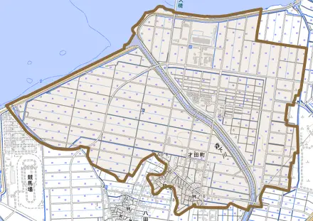 才田町とその周辺の地図。町の範囲を重ねている
