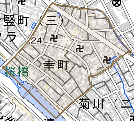 幸町とその周辺の地図。町の範囲を重ねている